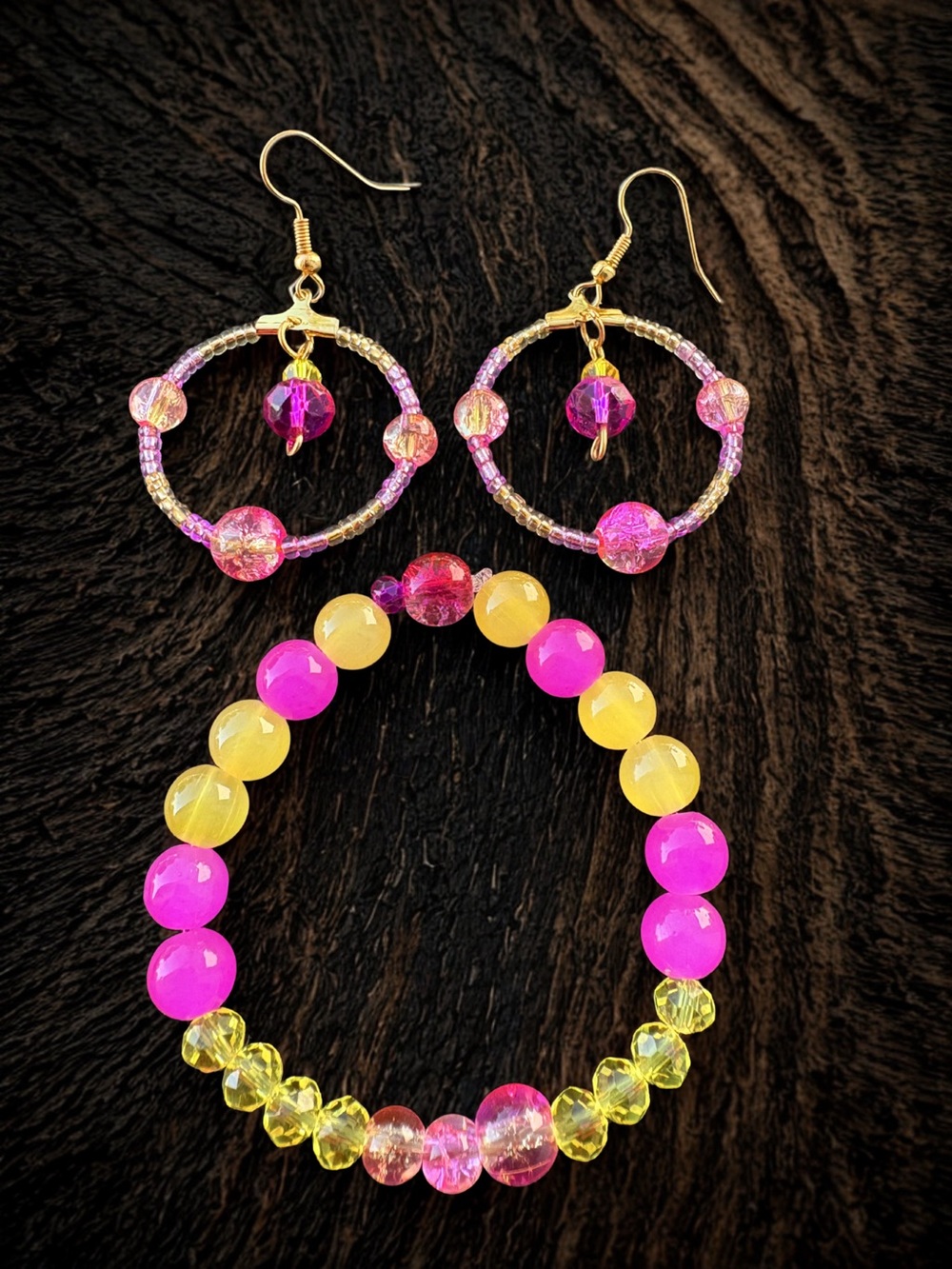 Sunrise of Joy Earrings and Bracelet set (pink and yellow)
